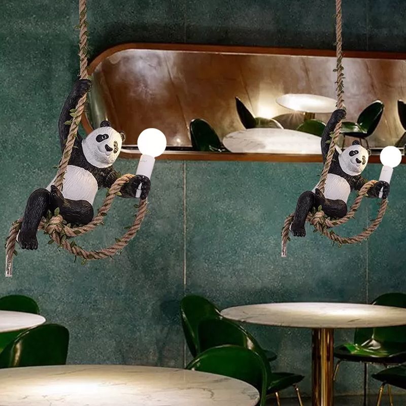 White and Black Panda Hanging Lamp Artistic 1-Bulb Rope Pendant Ceiling Light for Restaurant