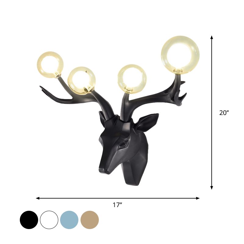 Sika Deer Living Room Wall Lamp Classic Style Resin 4 Heads Black/White/Blue Wall Sconce Light with Orb Clear Crystal Shade