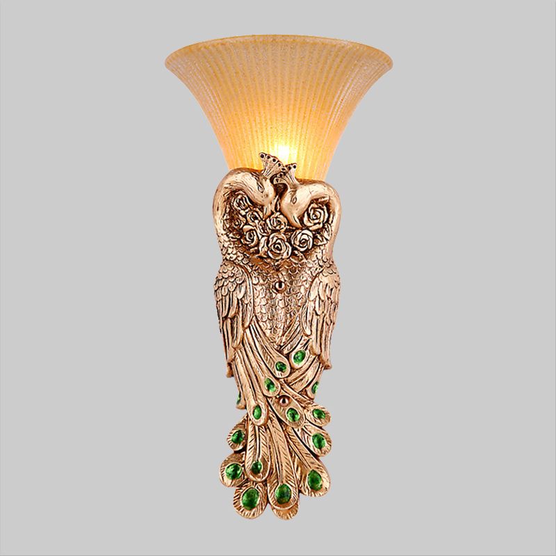 Single Head Wall Sconce Countryside Inverted Cone Amber Fluted Glass Wall Mounted Lamp with Peacock Decor in Gold