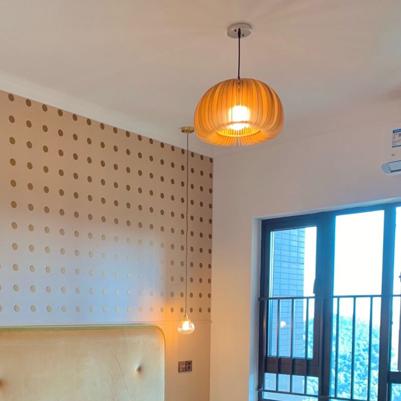 Basswood Pumpkin Shape Pendant Light 1 Light Modern Simplicity Wooden Art Deco Hanging Lamp