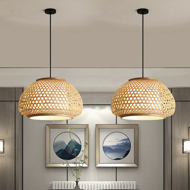 Wood Bowl Shaped Pendant Asian 1 Light Bamboo Woven Ceiling Hang Light for Dining Room