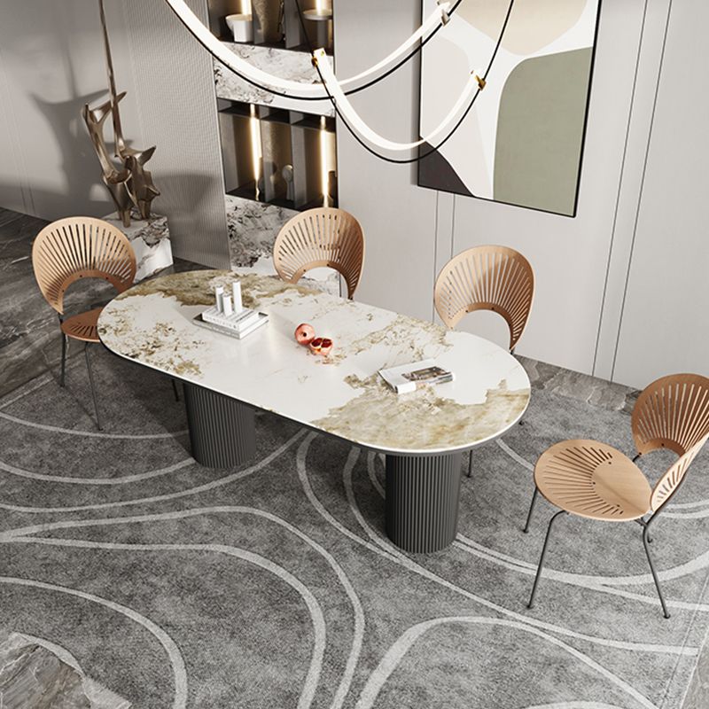 Gold Oval Stone Dining Site Table Modern Iron Double Pedestal Dining Table