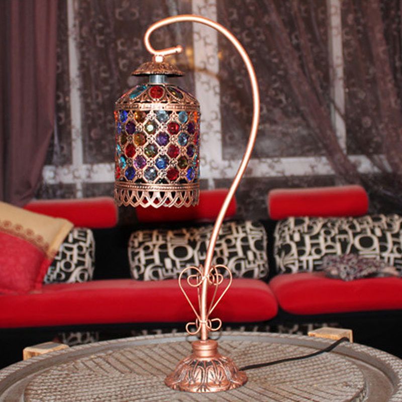 1-licht Gooseneck nachtkastje lamp Bohemen koper gebrandschilderd glas kralen tafellicht met zwanenhals arm