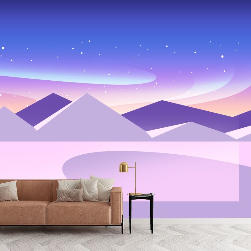 Whole Star and Aurora Mural Nordic Mystic Night Mountain Landscape Wall Decor in Purple-Blue