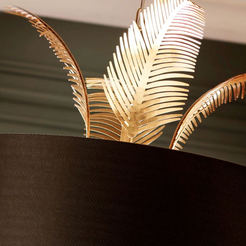 6 Lights Ceiling Light Country Drum Fabric Hanging Chandelier in Black for Dining Room with Leaves Deco