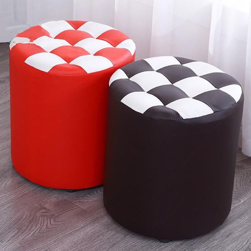 Contemporary Pouf Ottoman Faux Leather Upholstered Tufted Square Pattern Round Ottoman