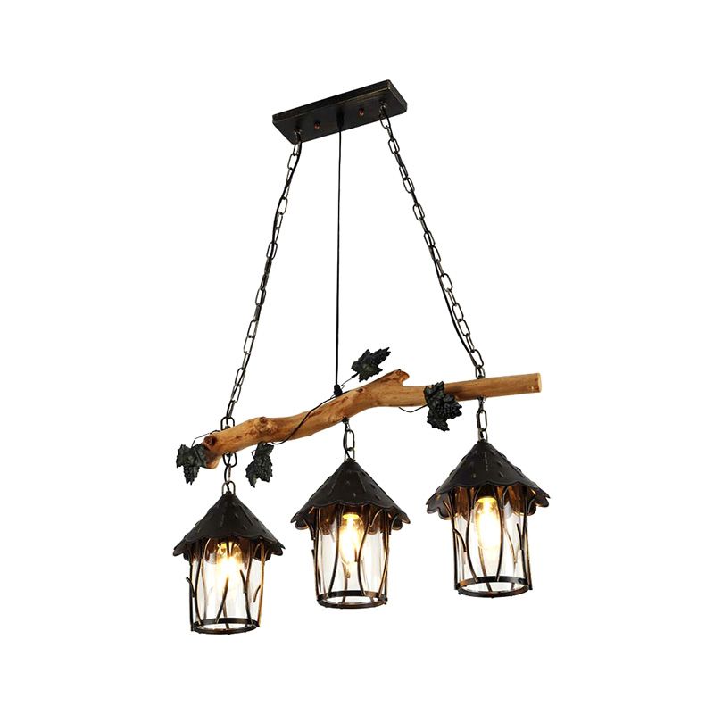 Black Lantern Island Light Fixture Industrial Clear Glass 3-Bulb Kitchen Hanging Lamp, 27" Wide