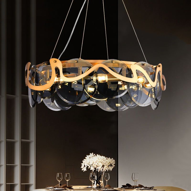 Postmodern Circles Suspended Lighting Fixture Glass Restaurant Island Light in Brass