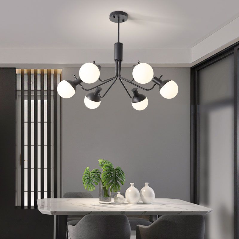 Chandelier suspendu au noir contemporain avec ombre orbe 6 lumières Pendre de plafond en fer forgé