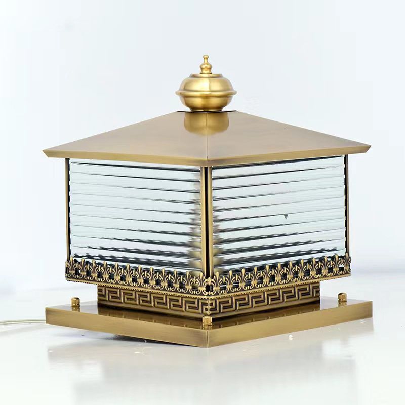 Square Shape Metal Pillar Lamp Modern Style 1 Light Waterproof Outdoor Light in Brass