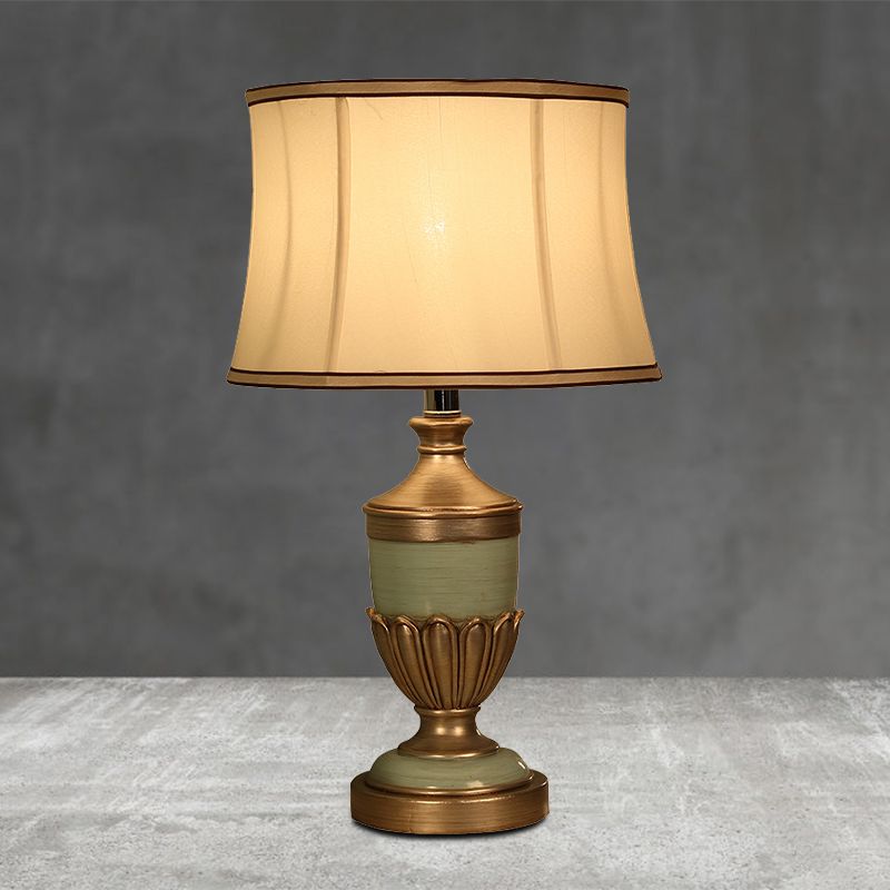 Vintage Drum Shaped Desk Lighting 1 Head Fabric Night Table Lamp with Black/Brown/Green Pot Base