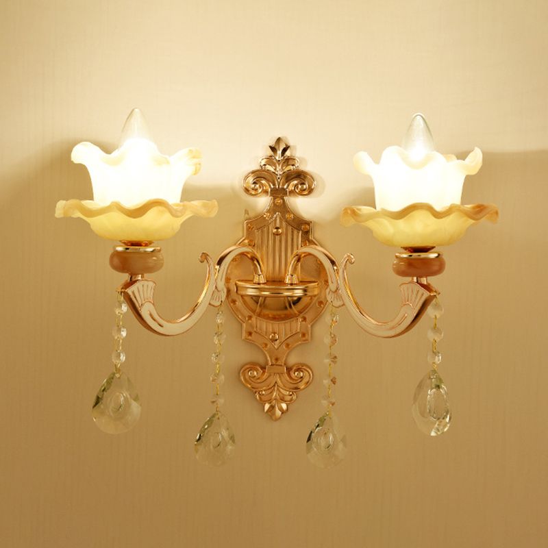 Gold Floral Wall Light Fixture Vintage Glass Living Room Wall Mounted Lamp with Crystal Accent