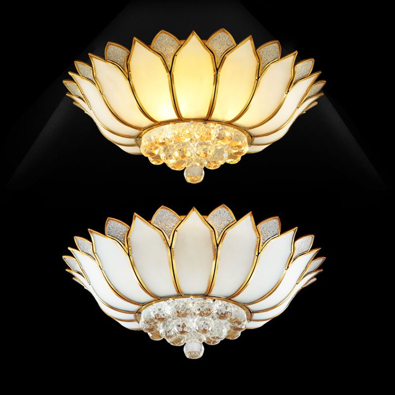 Éclairage semi-monté Lotus en verre givré, plafond de chambre à coucher rurale en laiton avec gouttelette de cristal