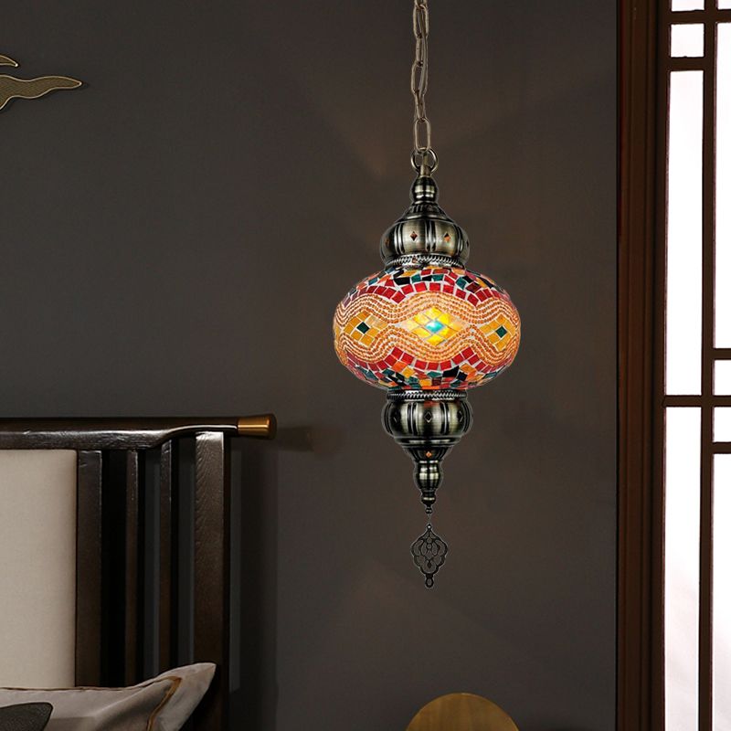 1 Head Cut Glass Ceiling Pendant Light Traditional Beige/Yellow/Blue Oval Dining Room Hanging Light Fixture