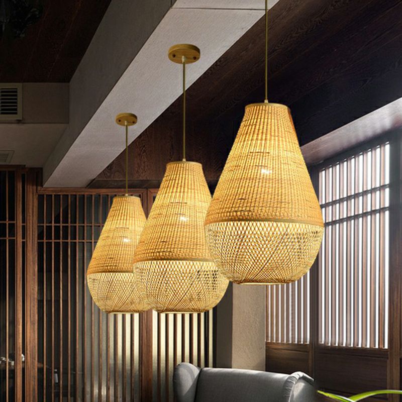 Bamboo Woven Droplet Shaped Pendant Simplicity 1-Bulb Beige Hanging Light over Table