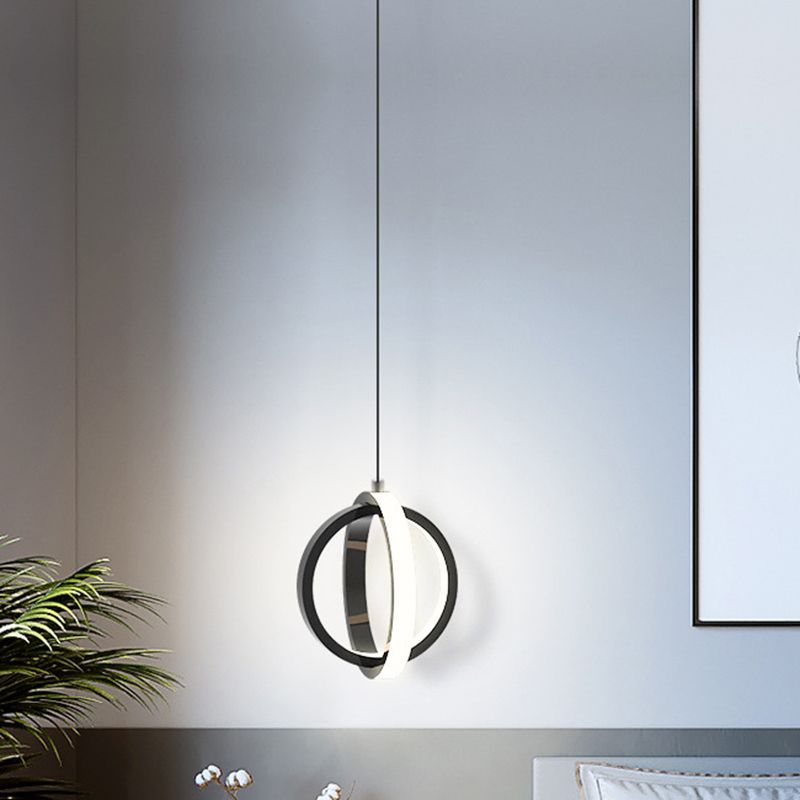 Contemporary LED Suspension Lighting Black/White Crossed Ring Down Mini Pendant with Metallic Shade in Warm/White Light