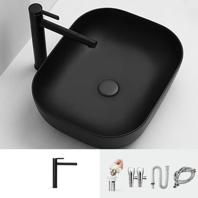 Contemporary Bathroom Sink Pop-Up Drain Porcelain Solid Color Rectangular Vessel Sink