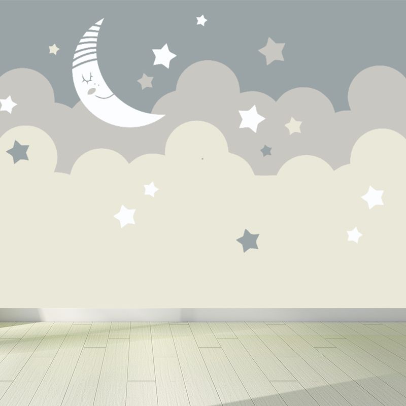 Beige Cartoon Wallpaper Mural Large Crescent and Starry Sky Wall Covering for Room