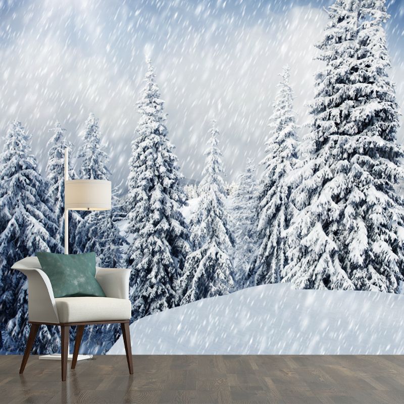 Cypress Winter Snowing Scenery Mural Modern Non-Woven Material Wall Decor in White