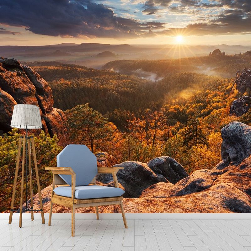 Fall Season Mountain View Mural in Brown Modern Wall Covering for Bedroom, Custom-Made