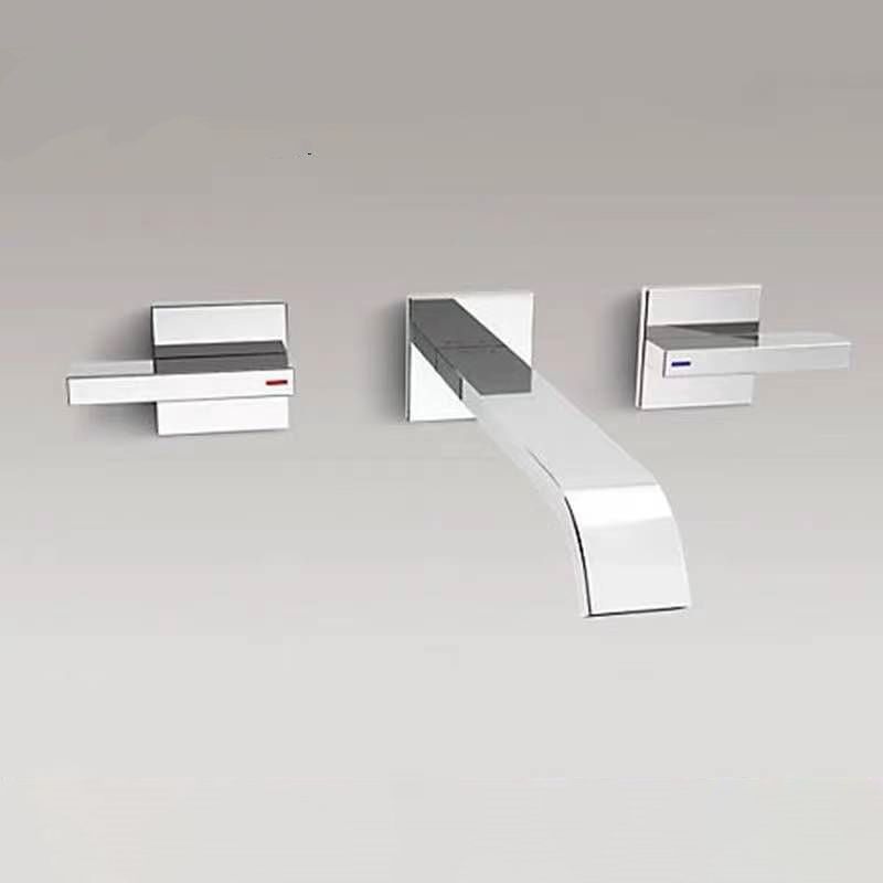 Glam Wall Mounted Bathroom Faucet 2 Handles Low Arc Solid Brass Faucet