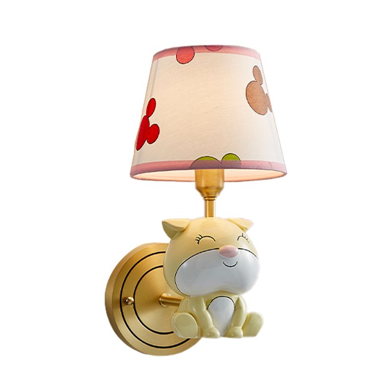 Gold Dog Wall Light Sconce Cartoon 1-Bulb Resin Wall Lamp Fixture with Tapered Fabric Shade