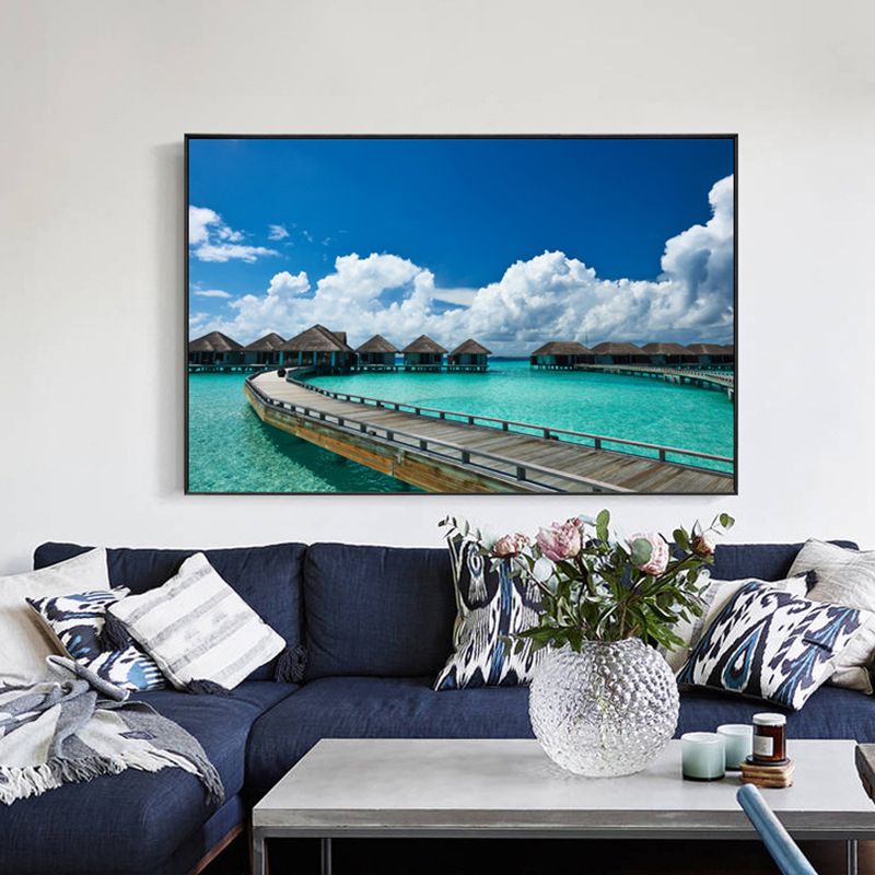 Pastel Color Modern Wall Art Wooden Bridge in Sea Scenery Canvas Print for Home