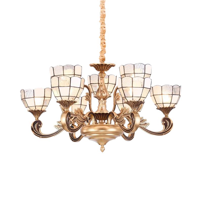Gold Domed Shade Chandelier Light Fixture Tiffany 12 Lights Frosted Glass Hanging Lamp Kit
