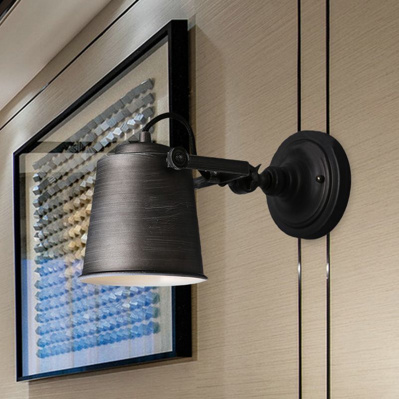 Antique Style Bucket Wall Light Sconce 1 Light Iron Adjustable Wall Mounted Lamp in Black/Grey for Outdoor