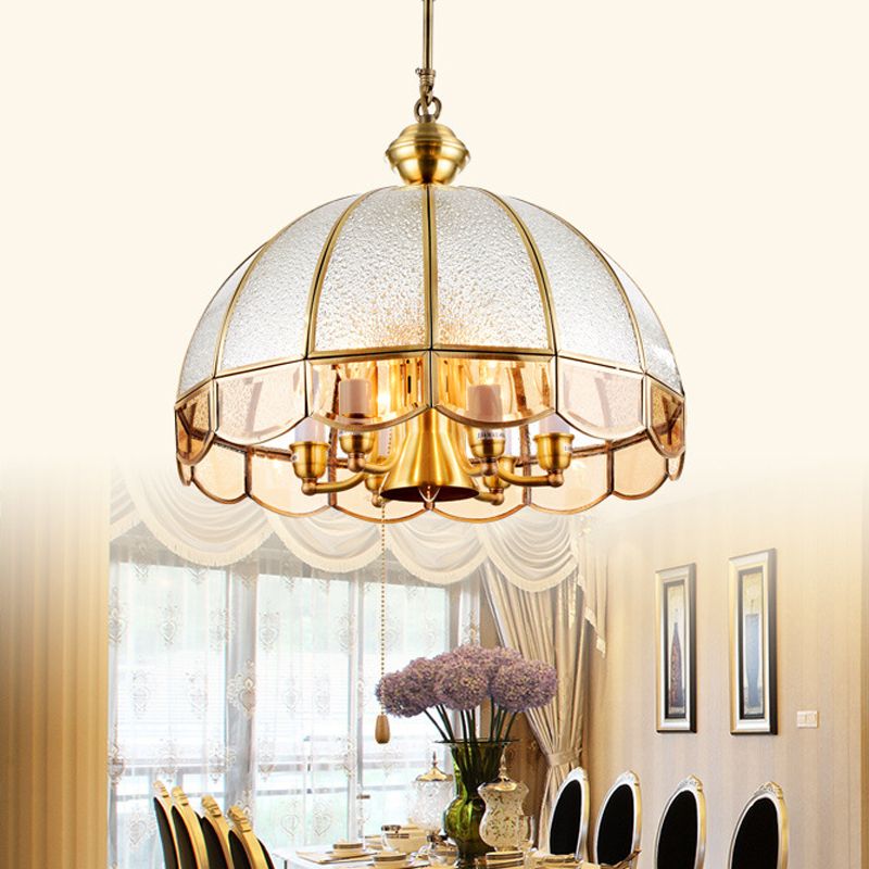 Dome Frosted Glass Hanging Chandelier Retro 6 Heads Brass Ceiling Pendant Light for Dining Room