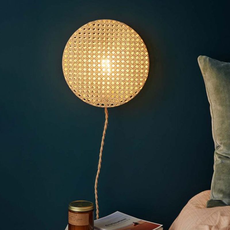 Round Sconce Light Chinese Bamboo 1 Head Beige Wall Mounted Lighting for Bedside