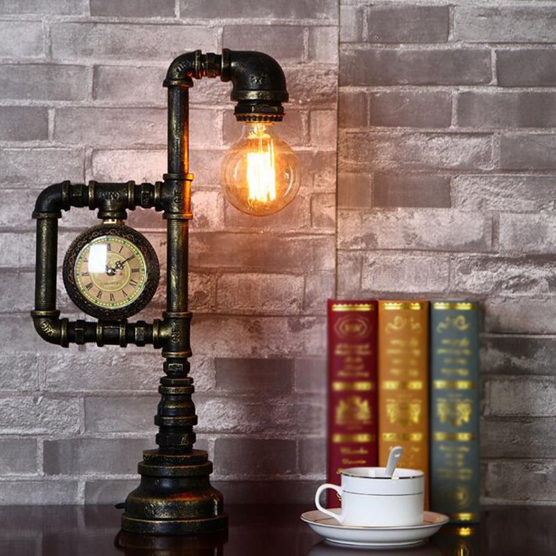Pipa idraulico retrò luce notturna 1 illuminazione da tavolo da ferro con orologio in bronzo per camera da letto