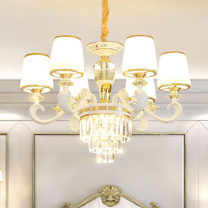 Luz de colgante colgante cónico de oro simplicidad de vidrio opalino iluminación con brazo curvo