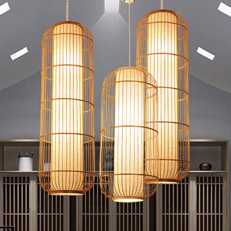 Chinese Elongated Pendant Lighting Fixtures Rattan Hanging Light with Hanging Cord for Restaurant