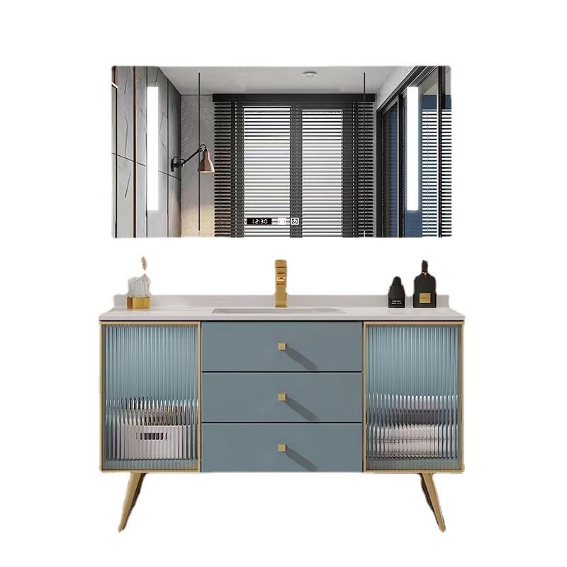 Freestanding Bathroom Vanity Blue Wood Frame Single Sink Rectangular Vanity with 3 Drawers
