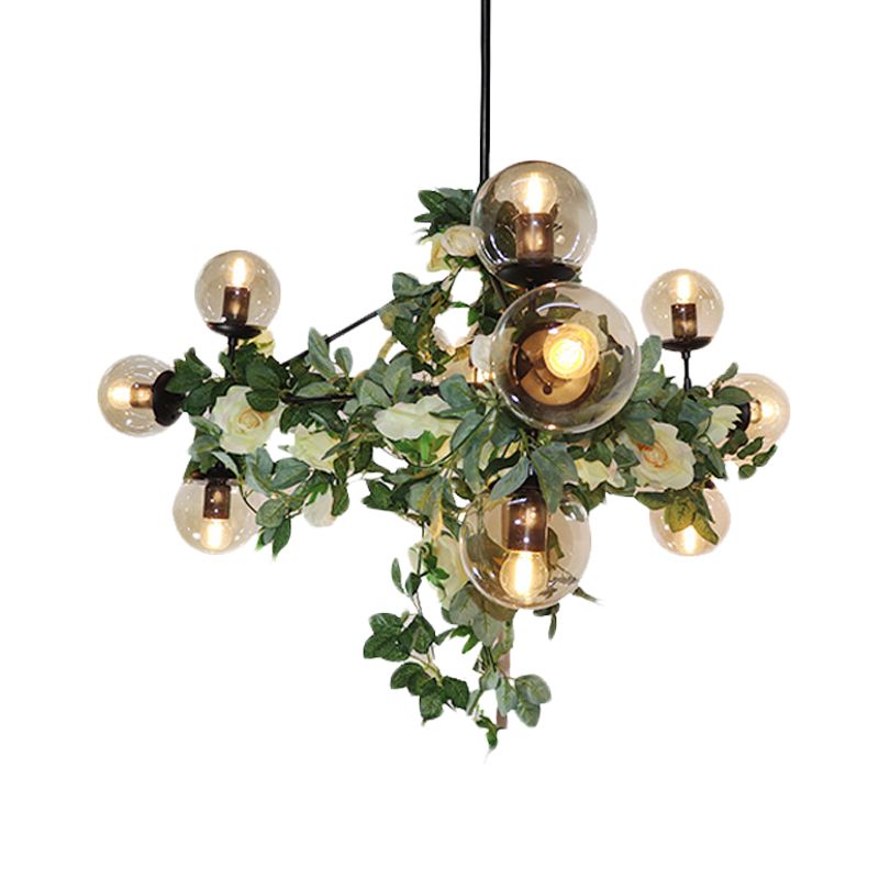 10/14-Bulb Island Pendant Industrial Globe Smoke Gray Glass Hanging Light in Black with Geometric Cage