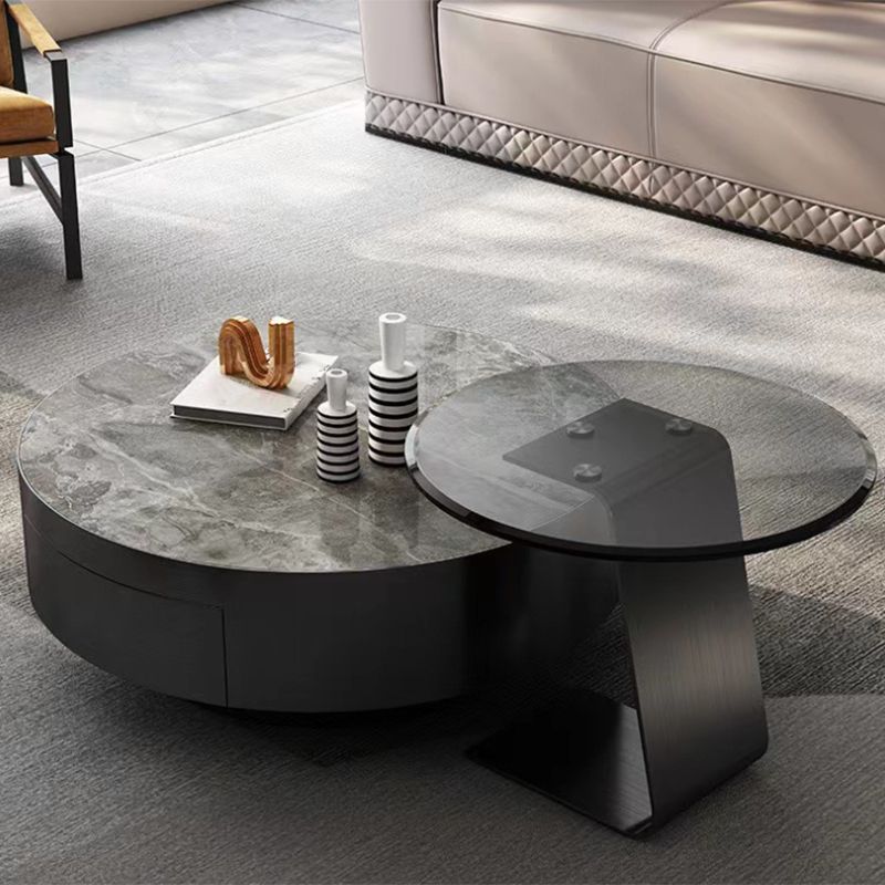 Glam Cocktail Table Drum Slate with Drawer Round Single Coffee Table