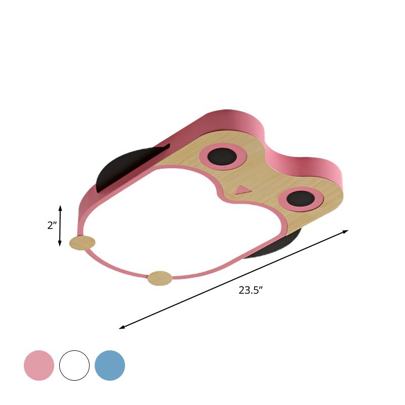 Owl Thin Iron Ceiling Light Cartoon White/Pink/Blue and Wood LED Flush Mount Lamp for Child Room