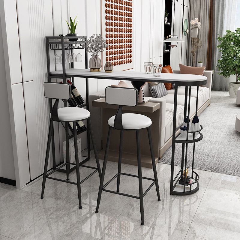 White Stone Glam Indoor Bar Dining Table Iron Double Pedestal Bistro Table with Wine Rack