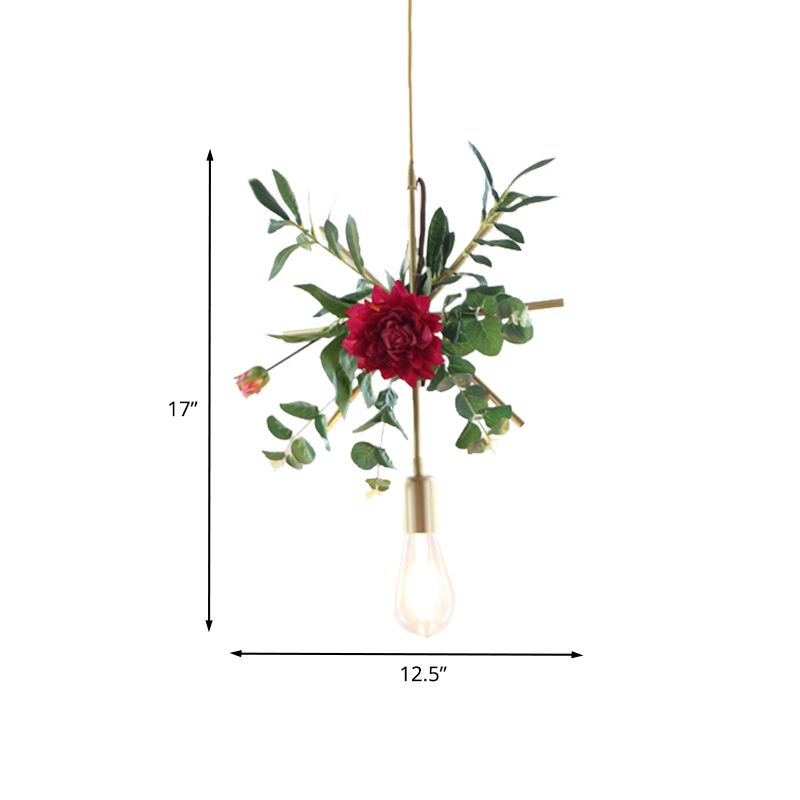 Gold 1 Bulb Drop Pendant Farm Iron Triangle/Square/Rectangle Frame Suspension Lighting with Fake Rose