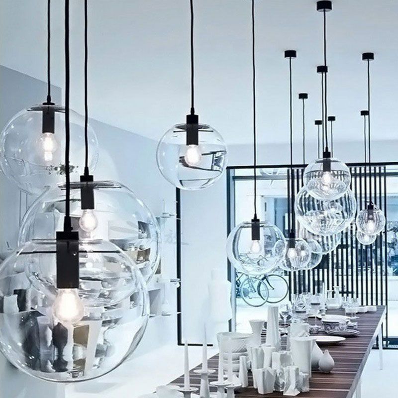 Clear Glass Globe Hanging Light Minimalistic 1-Light Black Pendant Lighting for Restaurant