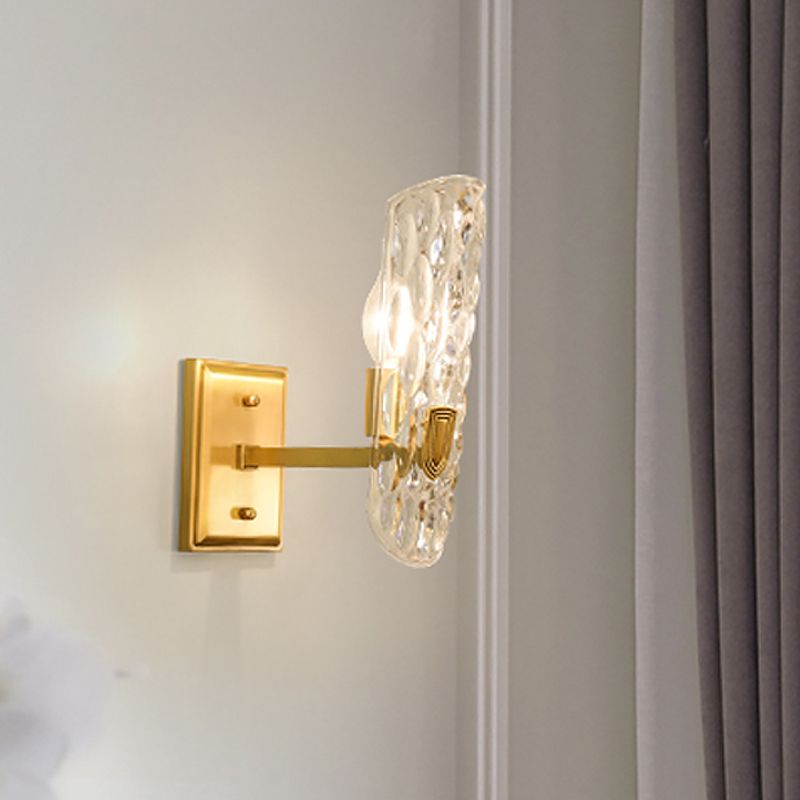 Curved Wall Mounted Light Postmodern Clear Hammered Glass Single Gold Wall Lamp for Foyer