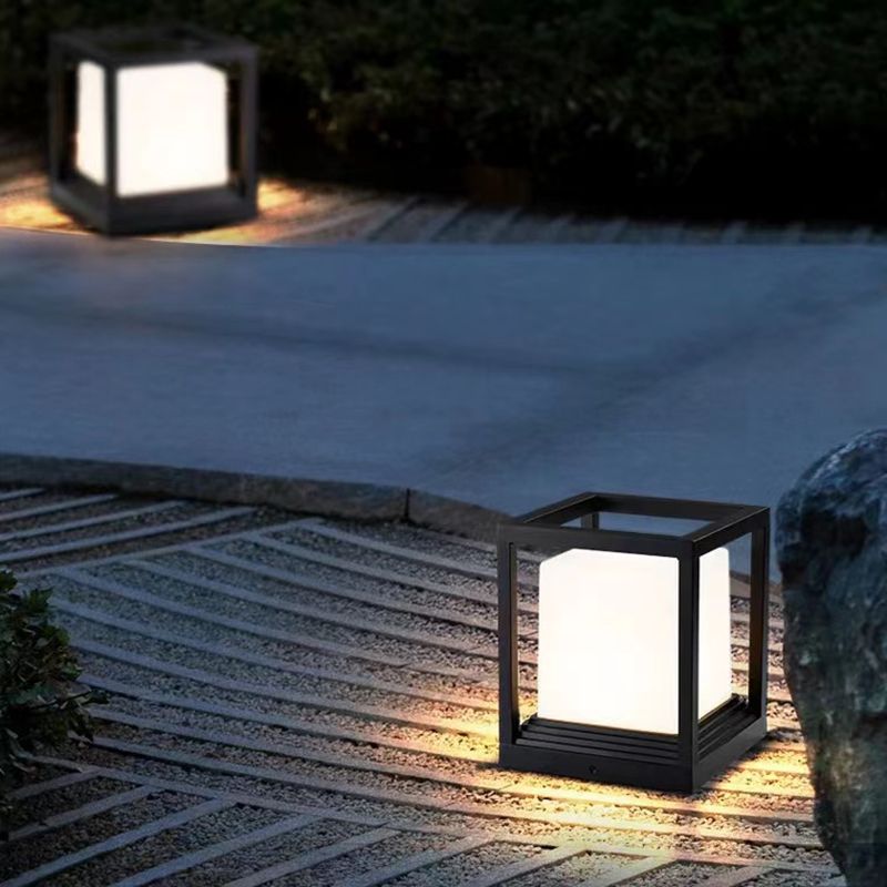 Metal Rectangular Shape Outdoor Lights Modern 1 Light Waterproof Pillar Lamp in Black