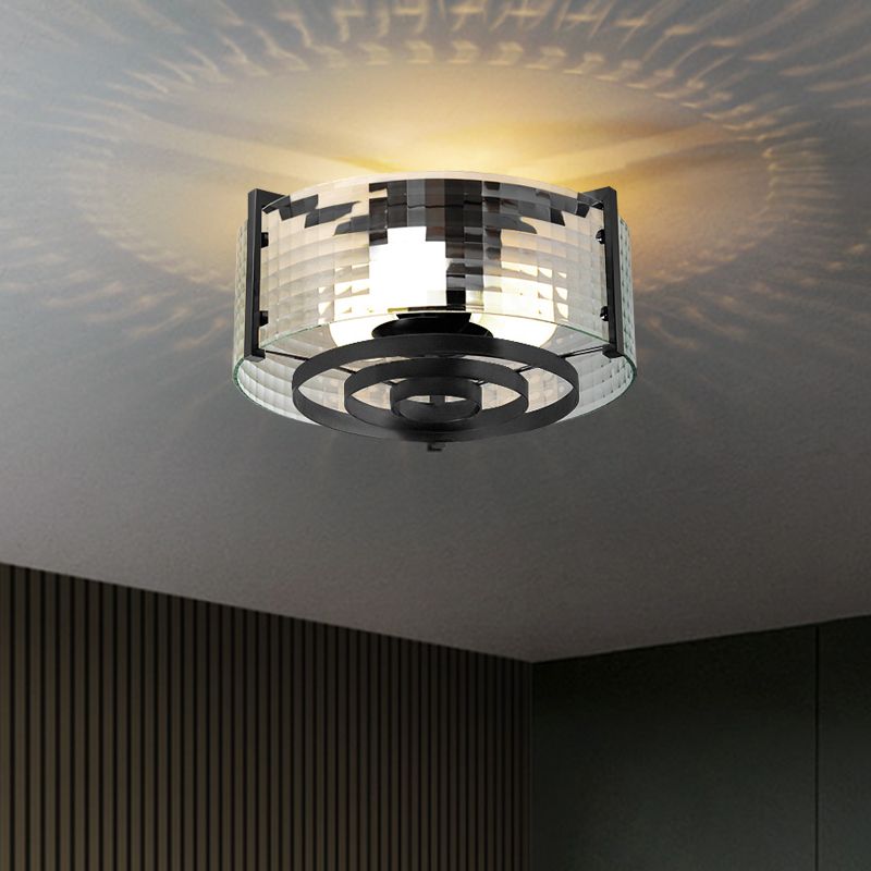 Clear Trellis/Stripe Glass Round Flushmount Modernist 3 Bulbs Bedroom Flush Mounted Light in Black