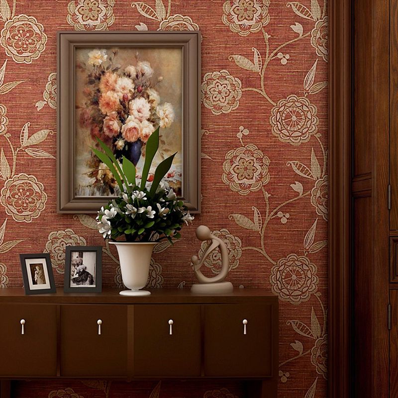 Gold Sunflower Wallpaper Roll Non-Pasted Rustic Living Room Wall Decor on Dark Red