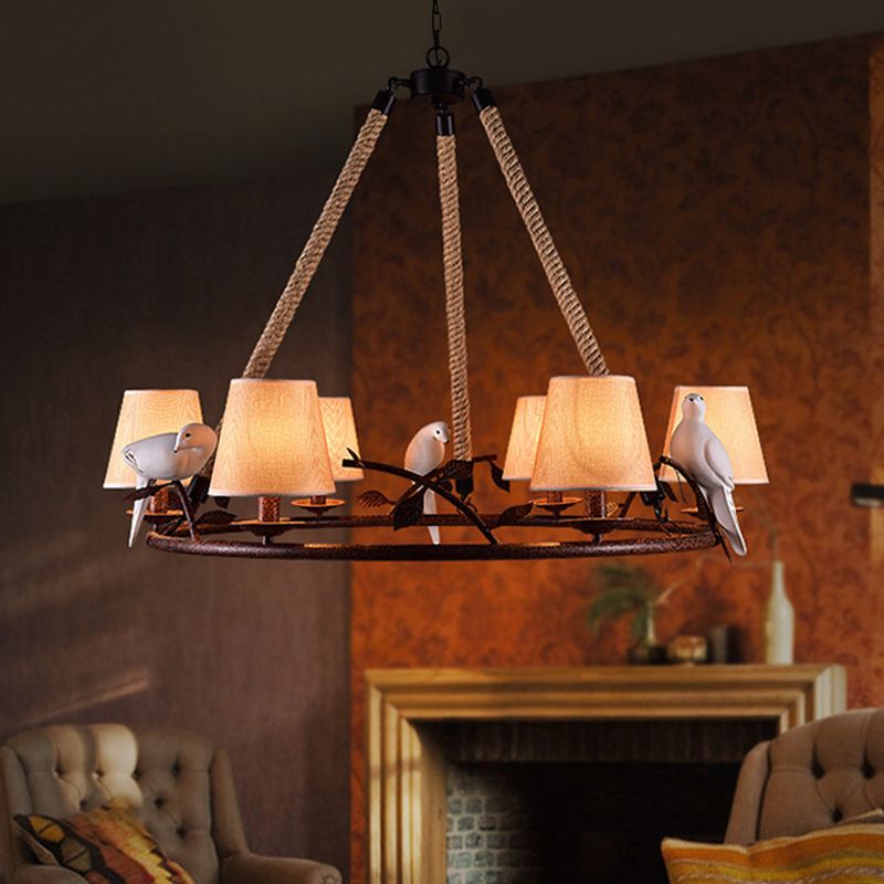 Beige 6 Lights Chandelier Light Fixture Traditional Fabric Wagon Wheel Pendant Lamp with Cone Shade