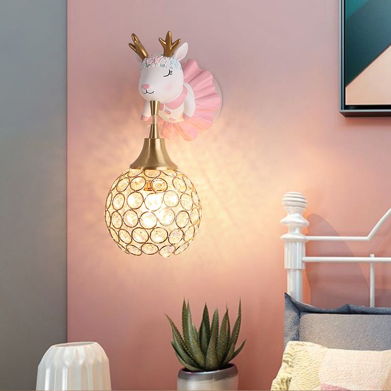 Hollowed out Ball Bedside Wall Mount Light Crystal 1 Head Artistic Wall Light Fixture with Animal Decor