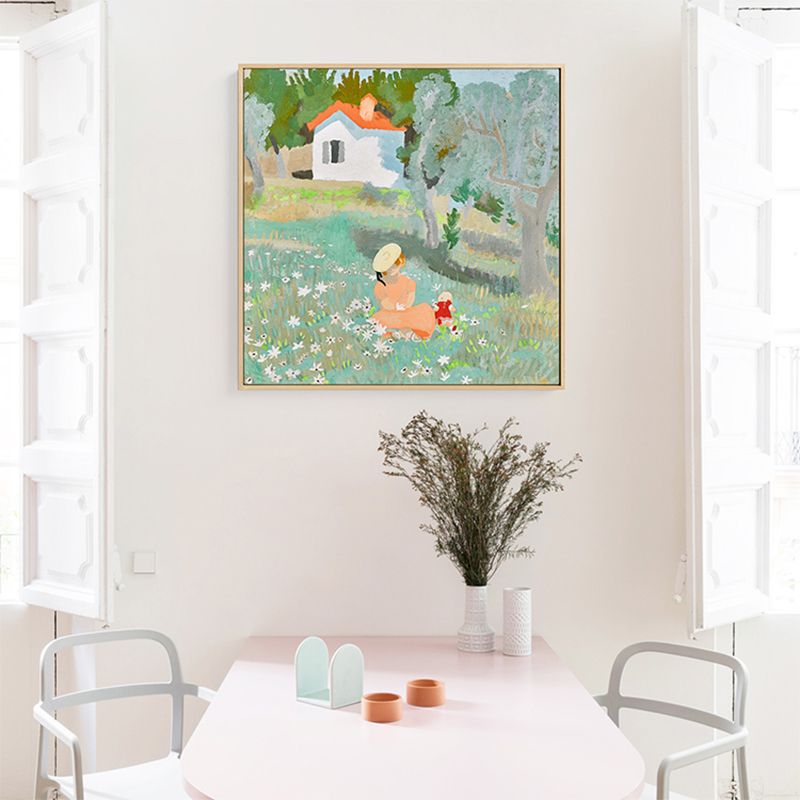 Green Traditional Canvas Print Girl Playing in Courtyard Painting for House Interior