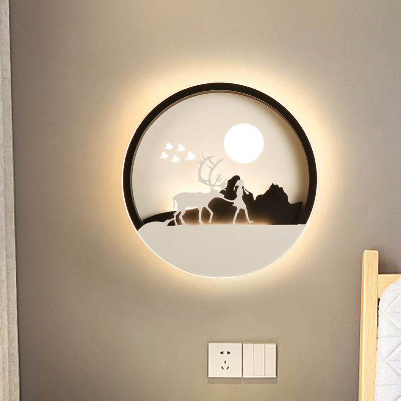 Minimal Style Circular Acrylic Wall Mural Lamp LED Wall Mounted Lighting in Black with Elk Deer Pattern