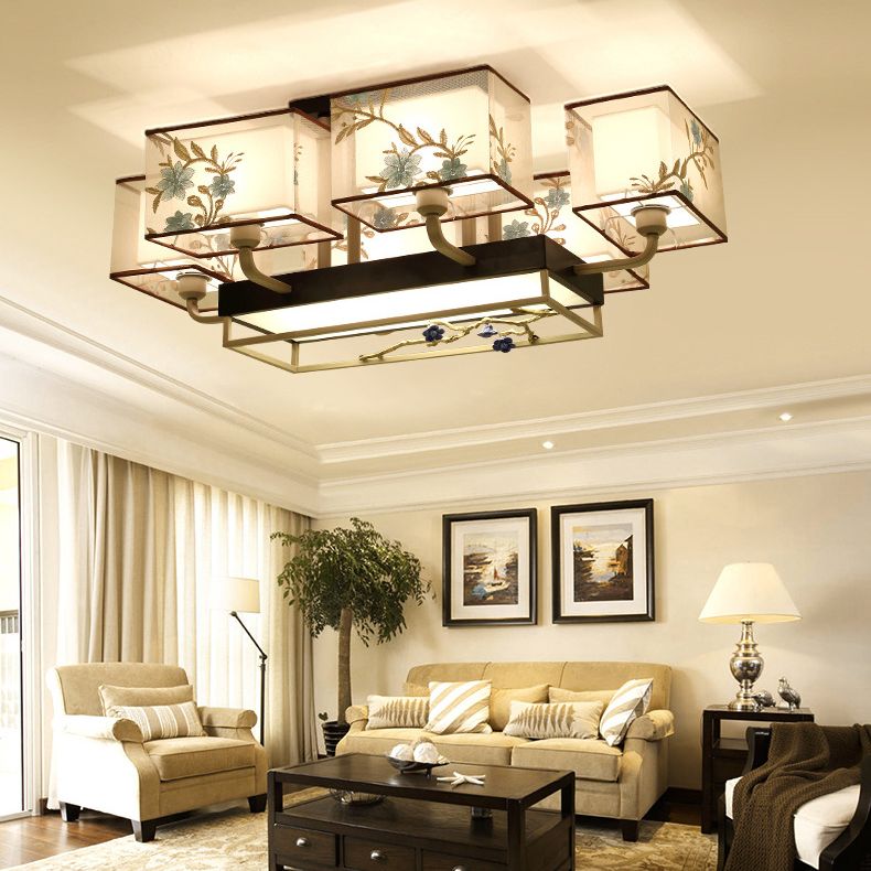 Brown Sputnik Ceiling Light in Traditional Classic Style Wrought Iron Flush Mount with Fabrics Shade